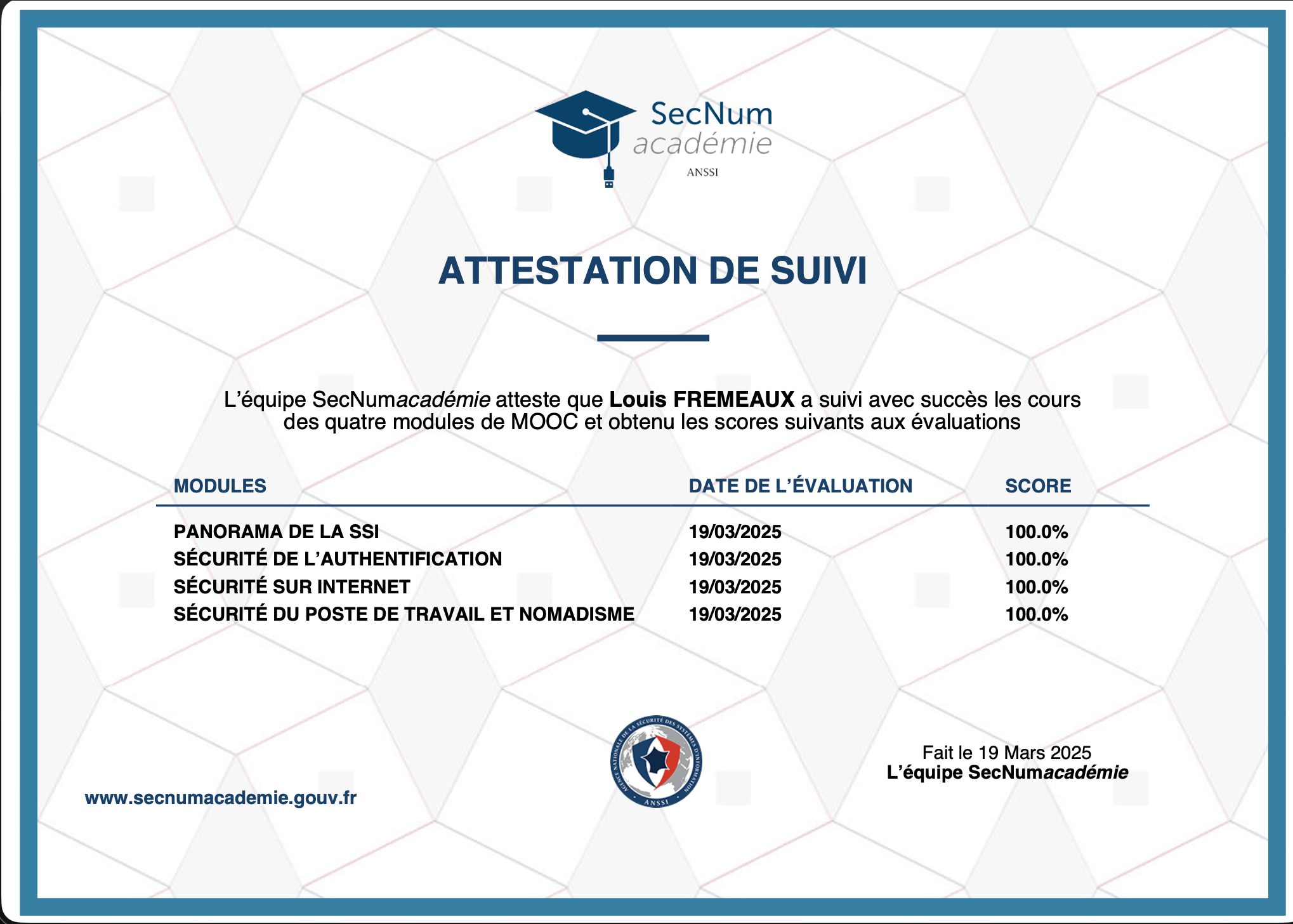 Attestation mooc de l'anssi